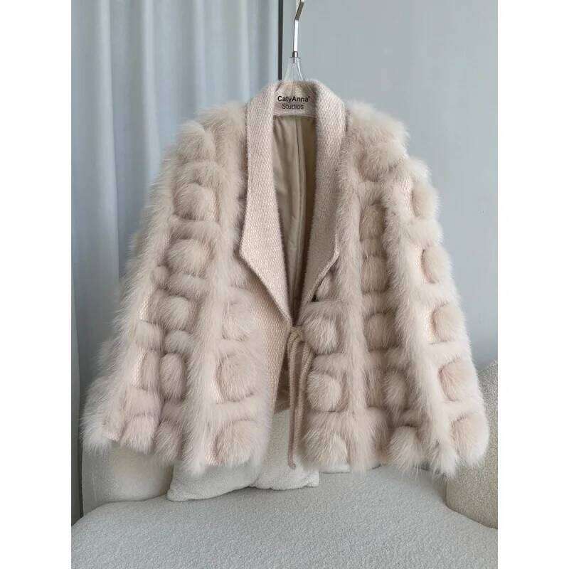 Young Women's Fox Fur Coat Knitted Open Cardigan Winter Fashion Design Long Sleeve Ice Cream Color Urban Style Adult Size