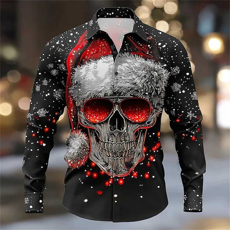 Christmas Mens Skull Button Shirt Long Sleeve Dark Punk Gothic Style Outdoor Holiday Spring Autumn Lapel Shirt Black K251110