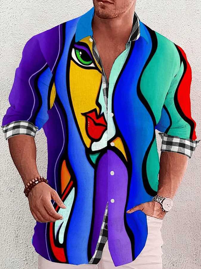 2024 New Mens 3D Art Painting Fashion Print Single Breasted Long Sleeve Shirt Casual Shirt Mens Loose Lapel Long Sleeve K251110