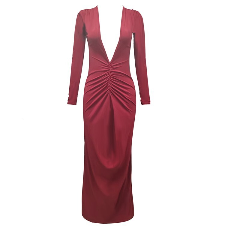 New women's French long sleeved sexy deep V-neck pleated slim fit dress for two high waisted dresses