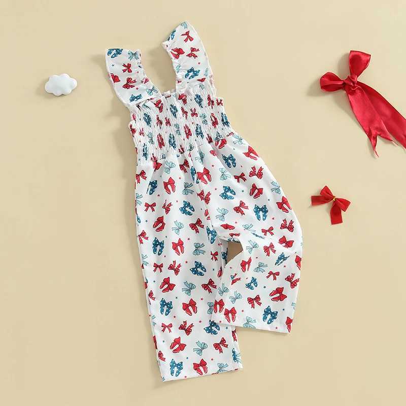 Cute girl floral print ruffled sleeves jumpsuit childrens summer full body hanging pants bow tie setXJ250410