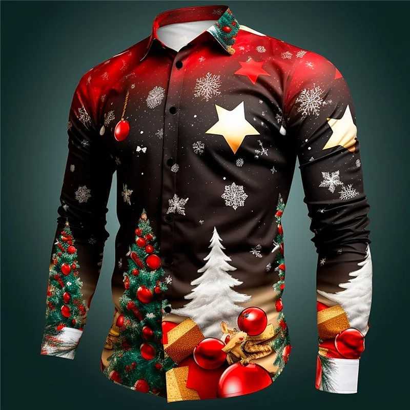 2024 Fashion Christmas Themed 3D Printed Mens Casual Long Sleeve Shirt Street Wear Party Size Shirt Santa Claus Hot Sale K251110
