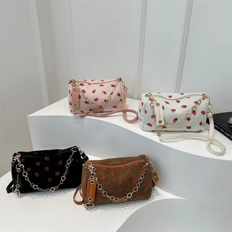 Strawberry print horizontal mini bag Corduroy Fresh Ins style lingerie refined female student travel shoulder 250401