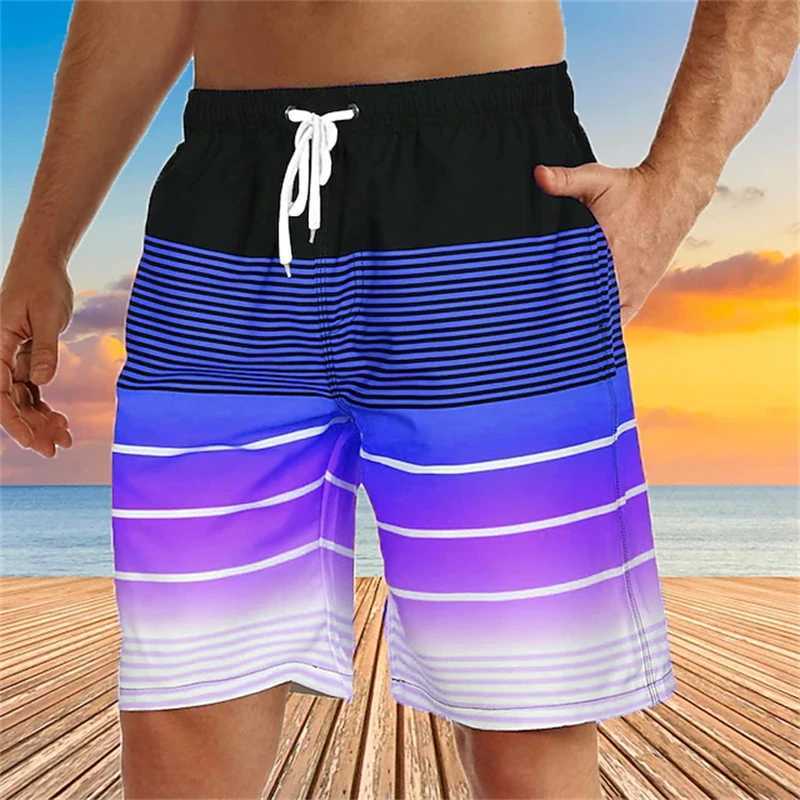 Summer mens swimming shorts mens 3D printed color striped graphics fast drying swimming relay casual Hawaiian shorts daily sports shortsW250410