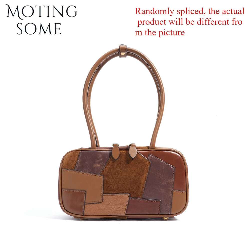 Motingsome 2025 First Layer Cowhide Woman Bag Designer Retro Splicing Bowg Briefcase Shoulder Handbag Underarm Tote