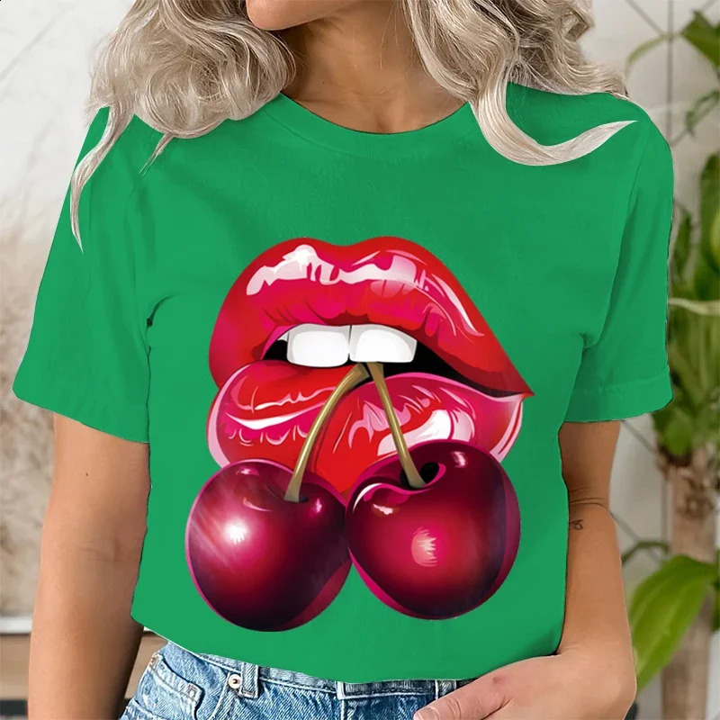 Summer Clothing LIPS CHERRY Print T-Shirts Short Sleeve Ladies Casual Women Fashion Graphic Tee T-shirts Female T Shirt Clothes 250410