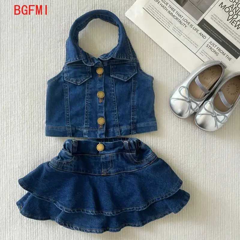 2-11Y Girl Summer Clothing Cute Denim Set New Sleeveless Top Fashion Ruffle Edge Childrens Girls Shorts 2-piece SetXJ250410