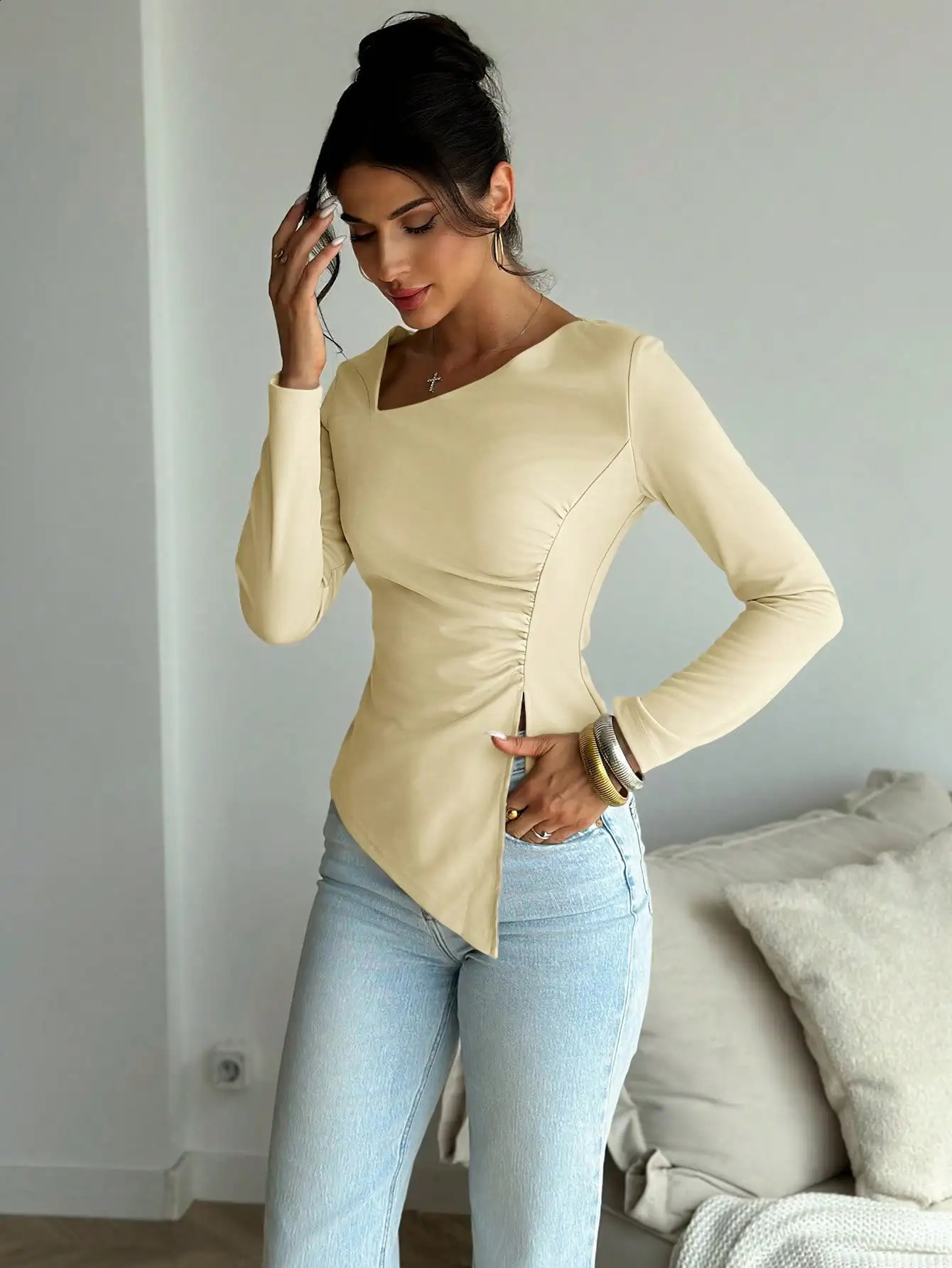 Solid color bottom shirt womens spring and autumn diagonal Vneck sexy ultrathin irregular long sleeved Tshirt internet red top 250411Z