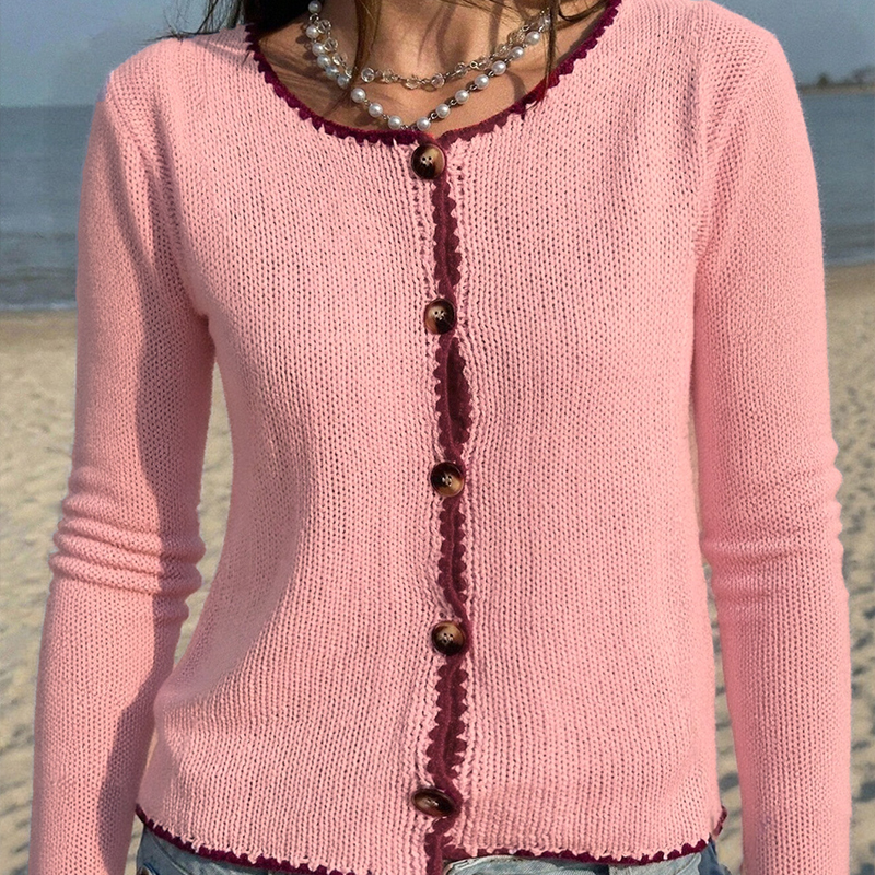 Women's color-block top, round-neck long-sleeved button-up sweater, color-block trim, popular in autumn and winter, casual streetwear---TVL083