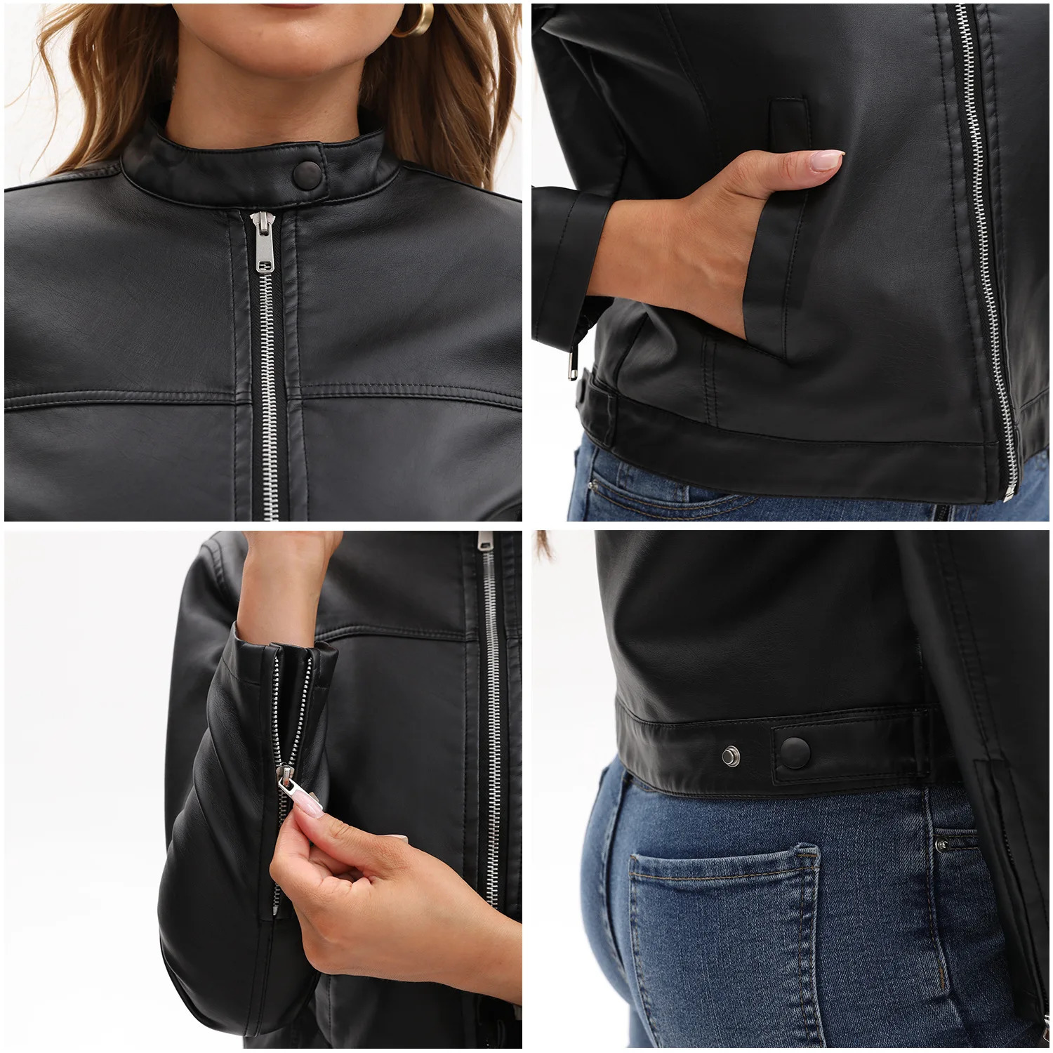 Black Womens Fitted Leather Jacket with Front Zipper Side Pockets Available in Brown Navy Blue and Beige 251103