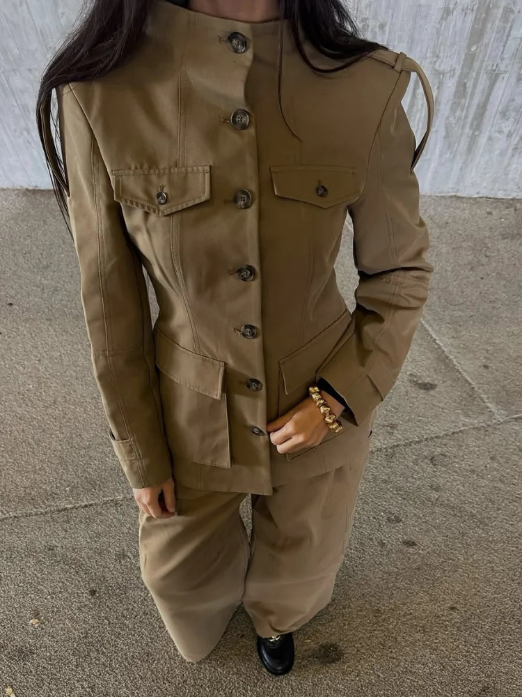 Strap Flap Pocketed Stand Collar Jacket Tailored Fit Buttoned 2025 Autumn Edgy Chic Women Outerwear Fashion Elegant Lady Coat 251105