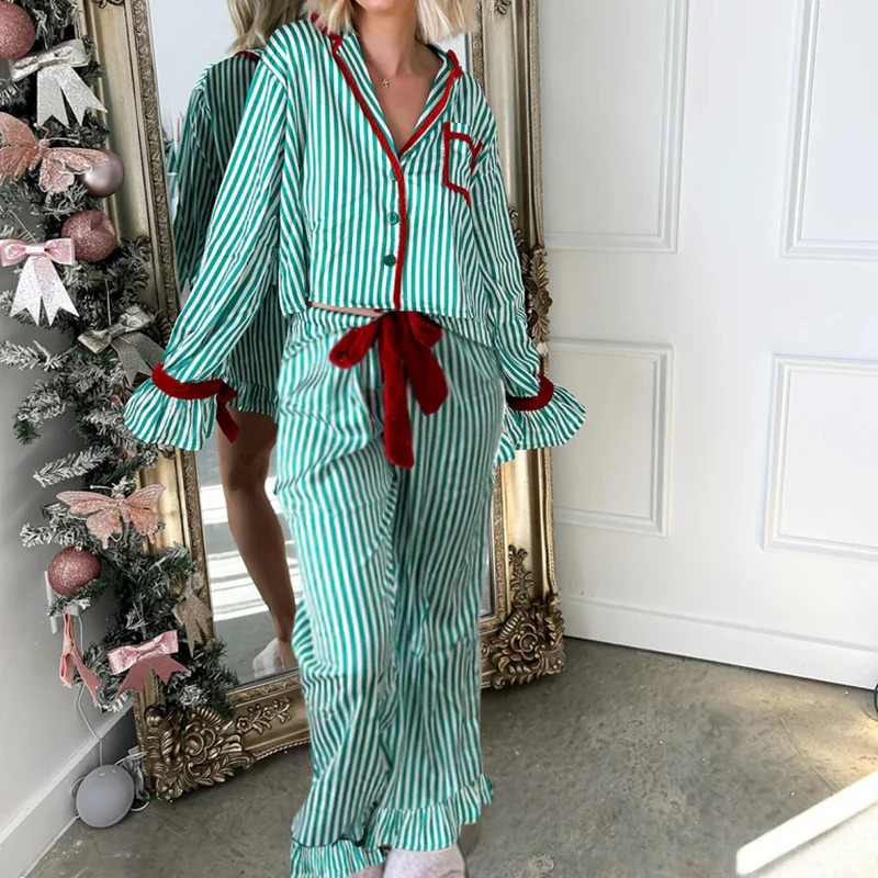 Christmas Pajamas Striped Button Up Crop Blouse Bowknot Long Sleeve Shirt Tops Wide Leg Pants Women Holiday Lounge Sleepwear 251106