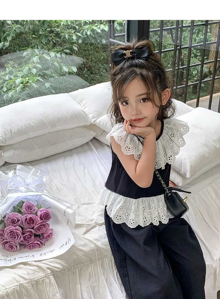 Fun Bear Summer Girl Set Cool and Comfortable Lace Necklace and Bottom Top+Pants 2-piece Cute Childrens Clothing SetXJ250410