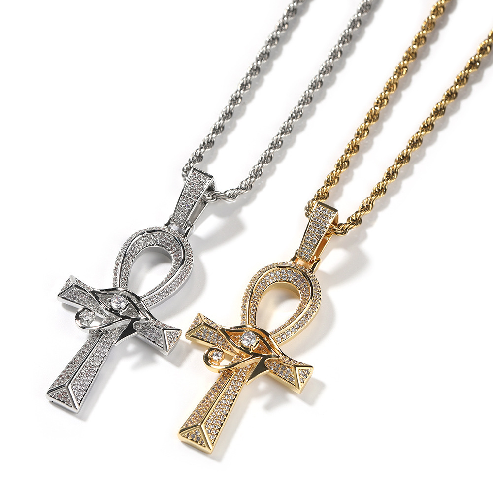 Pass Diamond Tester 925 Sterling Silver VVS Moissanite Diamond Ankh Cross Pendant Chain Necklace Jewelry Set