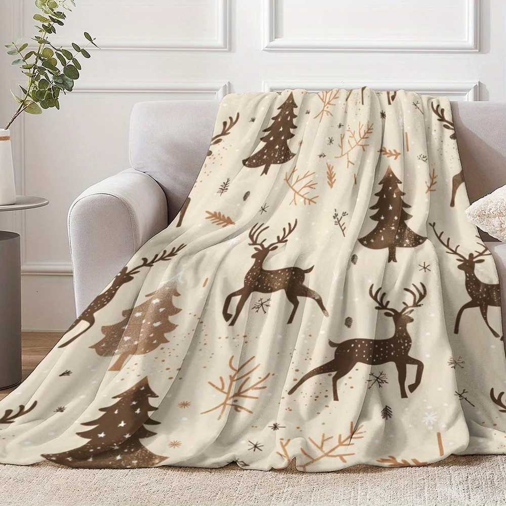 Christmas Elk and Trees Flannel Blanket - Features a modern digital print elk pine tree and snowflake design for home travel C251111