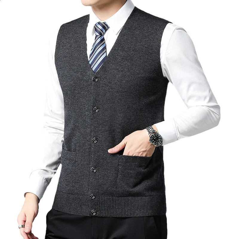 Mens autumn and winter cardigan wool sweater youth casual vest solid color pocket sleeveless warm knit top 250411Z