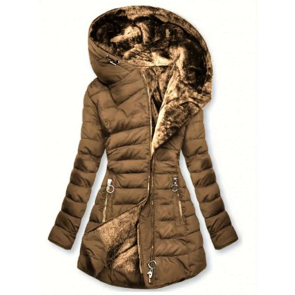 Women's Warm Quilted Parka Padded With Hood, Full-Zip Front & Belt Adjustable Waist Mid-Length Long Sleeve Outerwear For Cold Weather