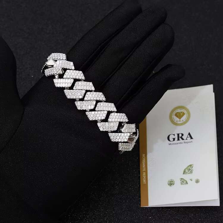 Pass Diamond Tester Ice Out Baguette Moissanite Hip Hop Silver Jewelry Set Cuban Link Chain Bracelets Necklace and Ring for Man