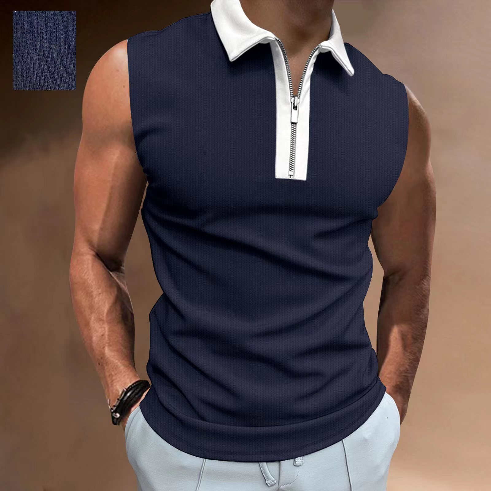 Mens T-shirt 2025 New Color Matching Thin Sleeveless POLO Top Casual Men
