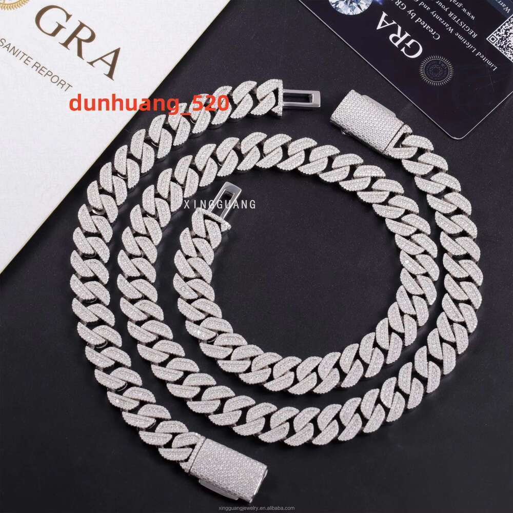 Heavy Hip Hop Necklace 15Mm 3Rows Rhombus S Sier White Gold Plated Moissanite Dia Cuban K Chain