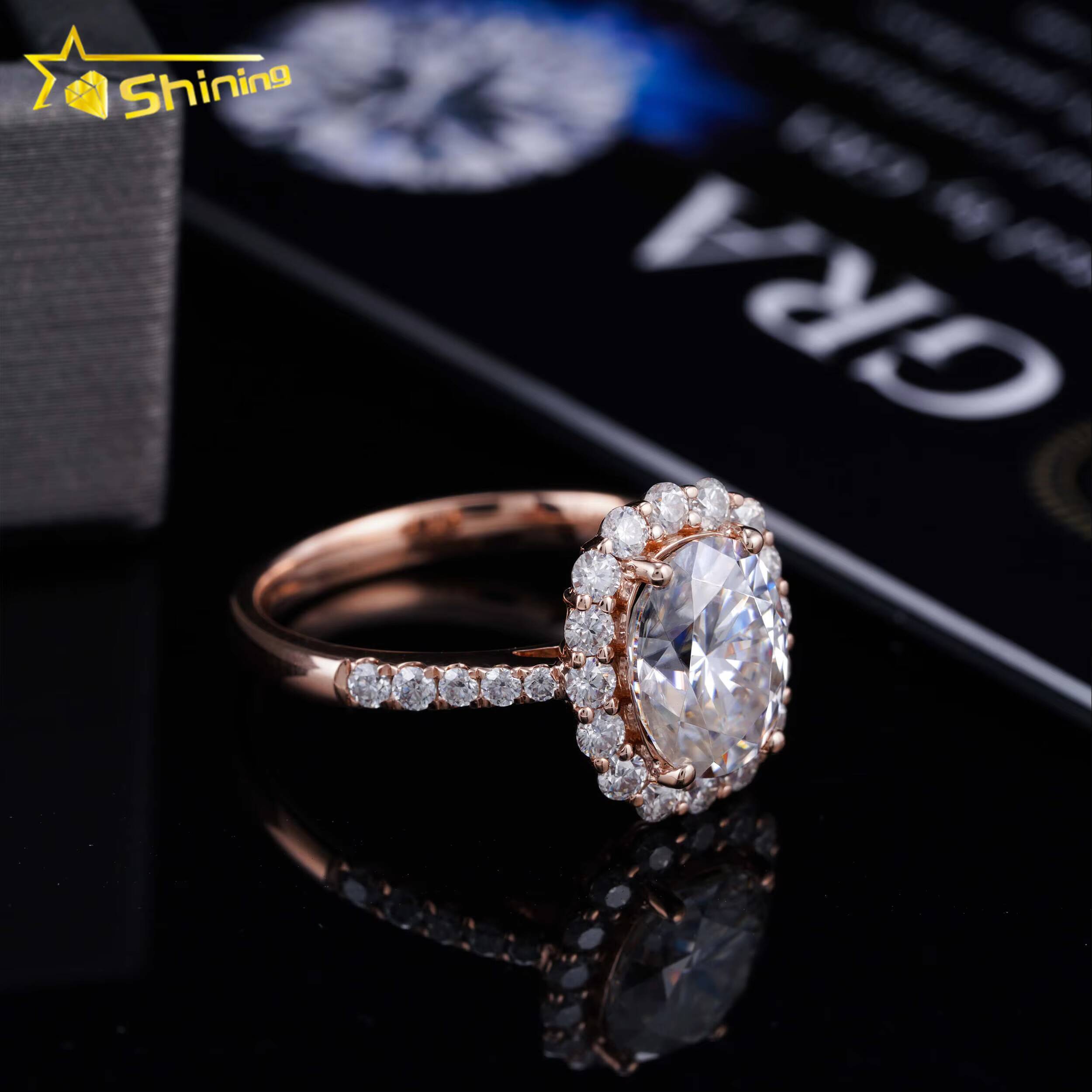 Cluster Moissanite Diamonds Engagement Rings 14K Solid Rose Gold Diamonds Pave Band Design Wedding Ring