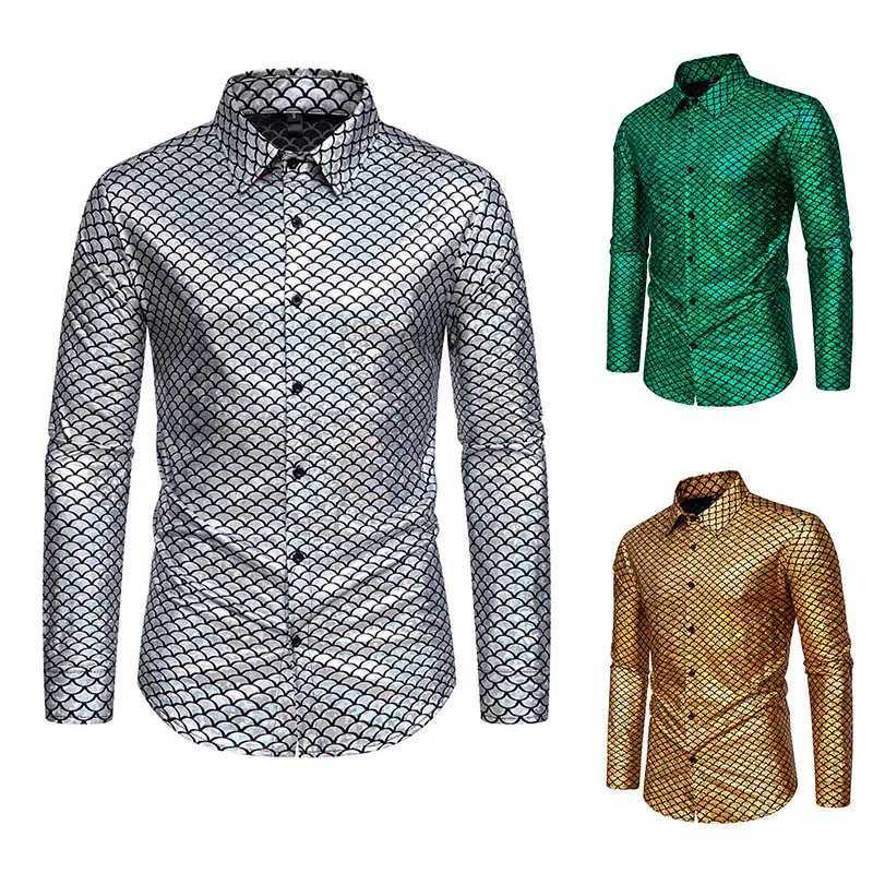 2024 New Glossy Fish Scales Green Mens Sequin Shirt Gold Bronzing Steampunk Nightclub Stage Party Dress Long Sleeve Top Men K251110