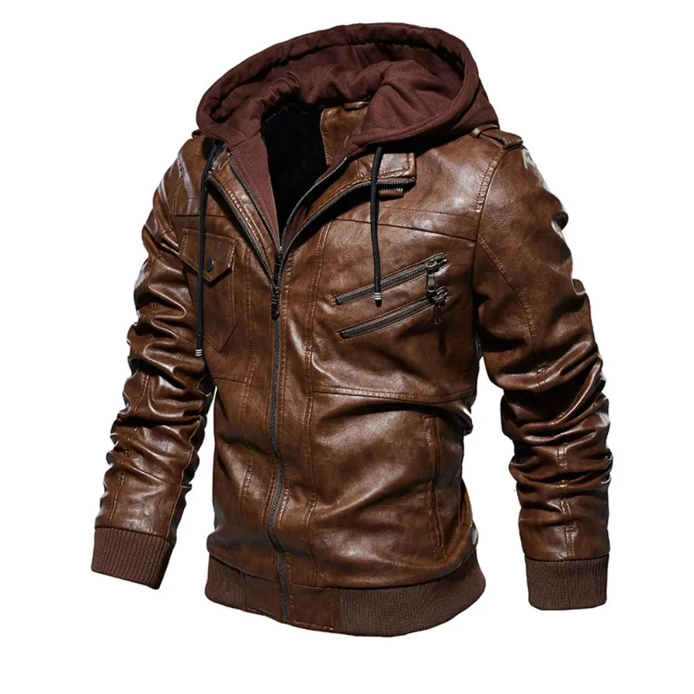 Style Spring Antumn Men Brown Leather Motorcycle Jacket with Removable Hooded Male PU Jacket Coat EU Size High Quality 251110