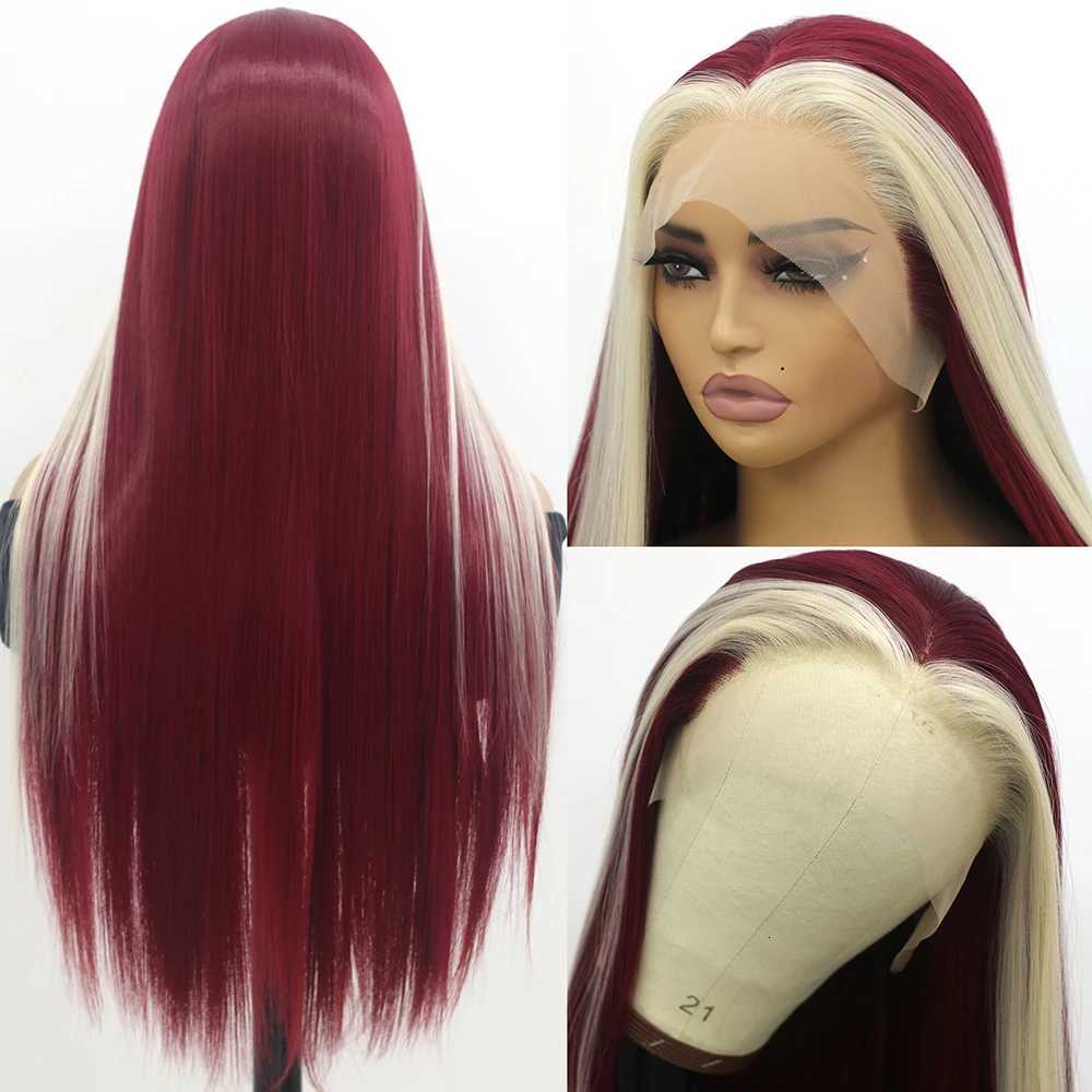 13x4 Red Lace Front Wig Red and Blonde Streak Long Straight Smooth Silky for Women Wig Cap Synthetic Fiber Glueless Hair WigsT251111