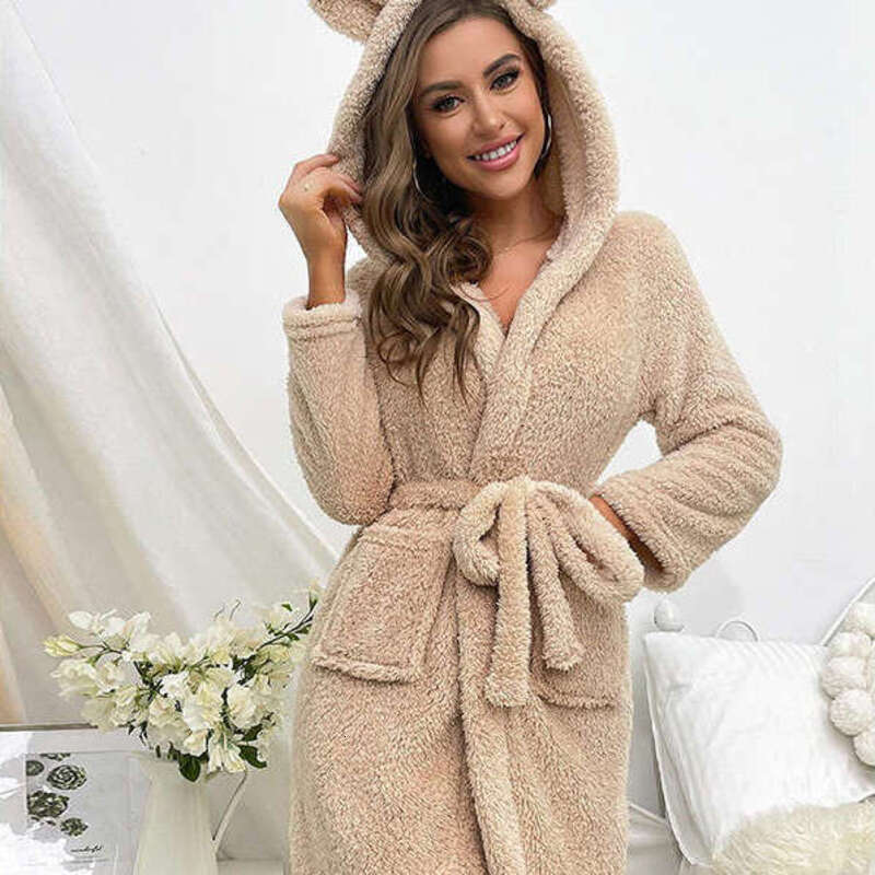 Women's Winter Pajamas Coral Fleece Thickened Sleeve 2025 New Hooded Robe Flannel Loungewear Long Style luxury