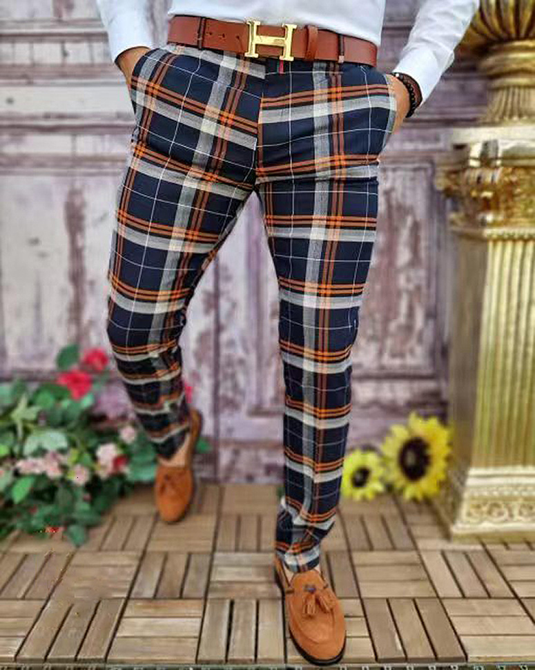 Mens casual plaid contrast pattern printed mid rise mens trousers with micro elastic pants