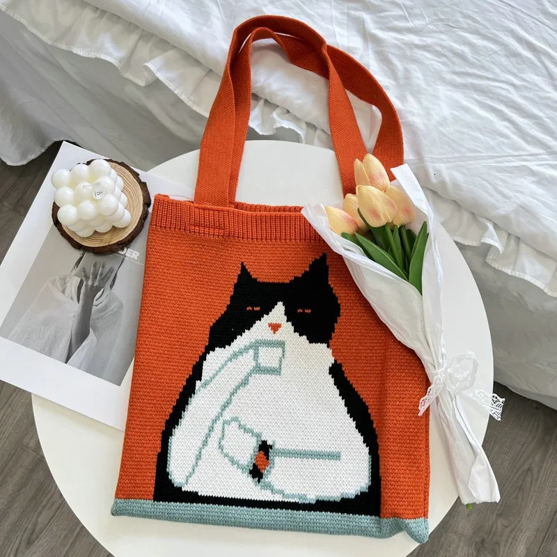 Knitted Bag Looking Up Rabbit for Women Large Capacity Green Cartoon Handbag Shoulder Tote Shopping 251110