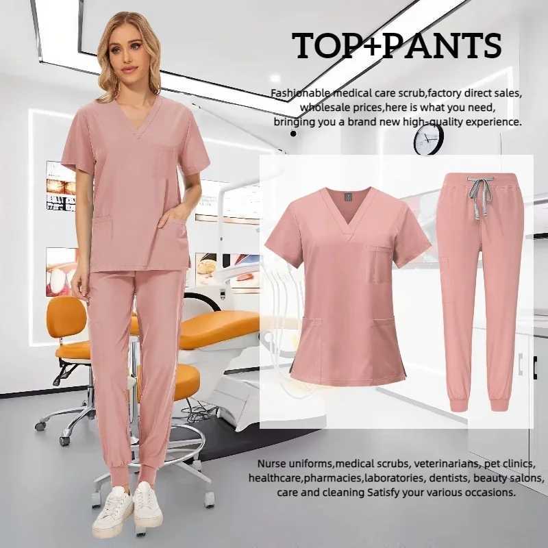 Multi color jogging set doctors nursing uniform short Slve V-neck top pocket pants nurses washer set medical clinical clothing X2504104