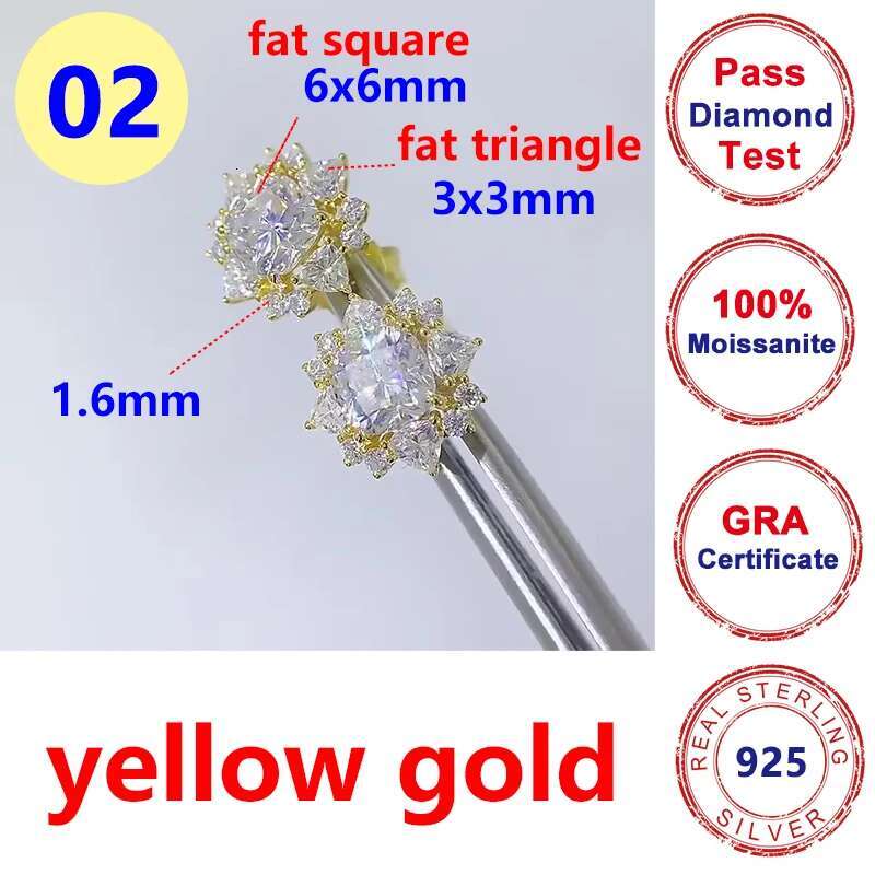 Full Moissanite Diamond Flower Earrings Square Cut D Color VVS 925 Sterling Silver Yellow Gold Earrings for Women Men