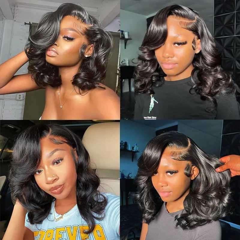 Body Wave Short Bob Wig 13x4 Transparent Lace Frontal Wig 100 Brazilian Human Hair Wigs Remy Hair 180 Density For Women 14inchT251111