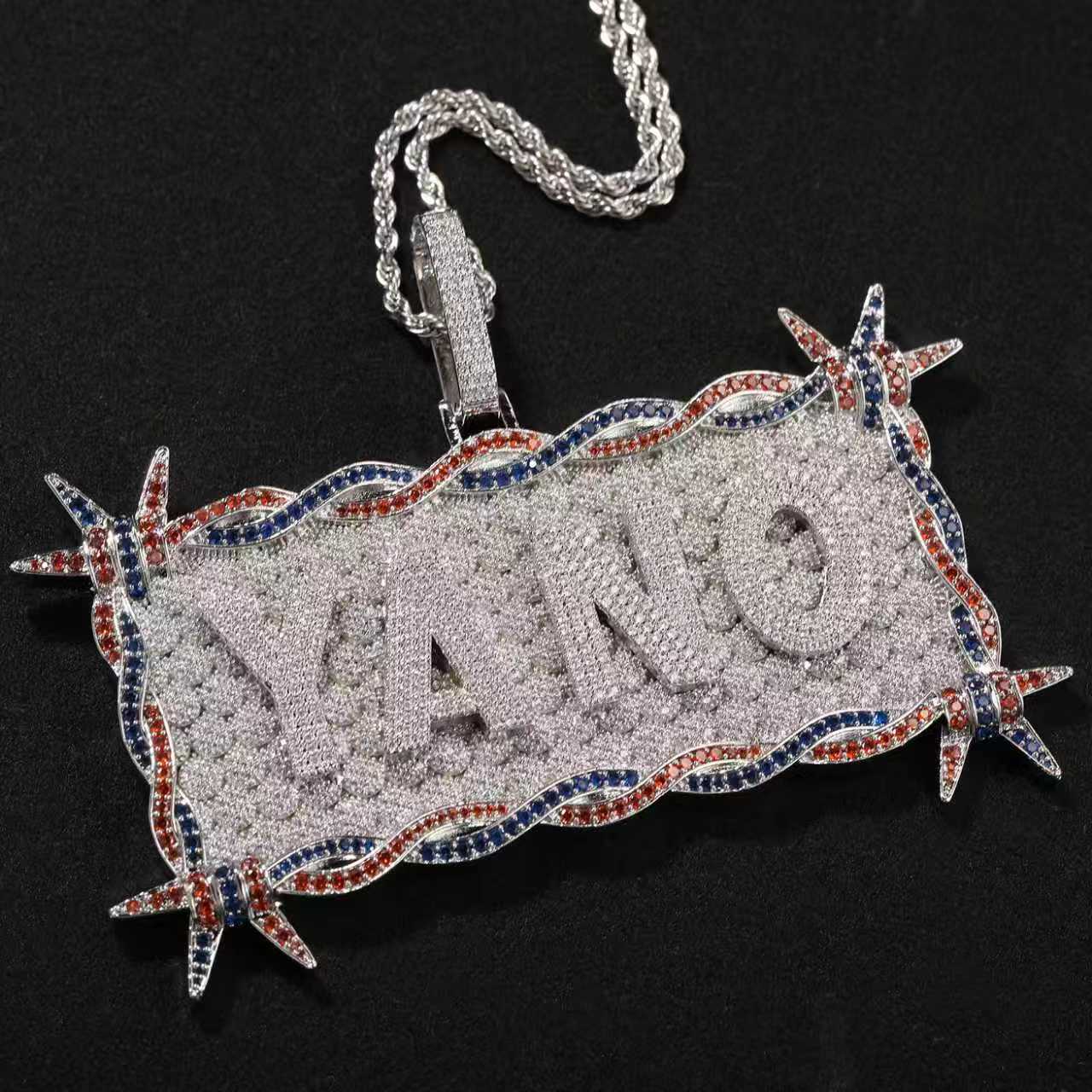 Thorn Large Rectangular Military Badge Custom Letter Pendant Necklace 14k Gold Copper Prong Iced Out Cubic Zircon Personalized Name Dog Tag Jewelry Ac