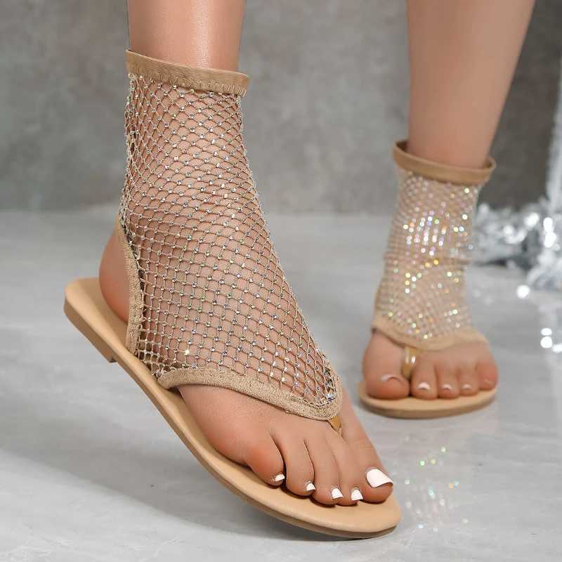 Luxury womens sandals hollow and sexy womens shoes round toe flat shoes high-quality mesh womens slippersXJ250410
