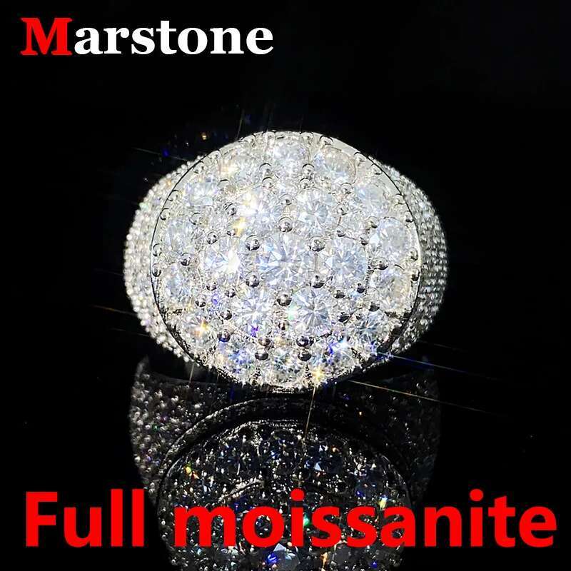 Full Moissanite Diamond Mens Solid Big Ring Hip Hop Rap S925 Silver Ring Plated White Gold Jewelry for Men