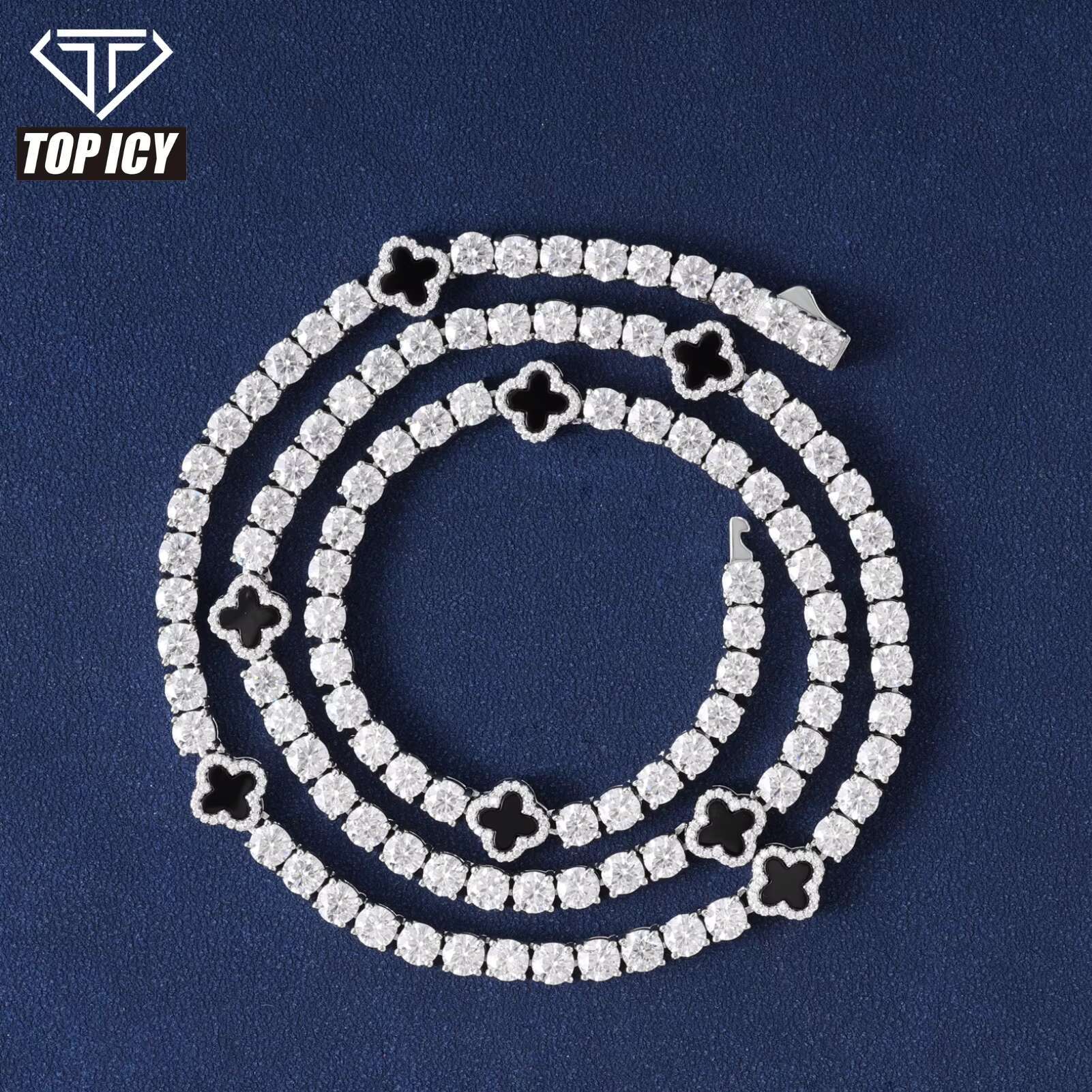 Hot Selling Design Black Clover Tennis Chain Luxury VVS D Moissanite 925 Sterling Silver Tennis Bracelet 4mm Hip Hop Jewelry