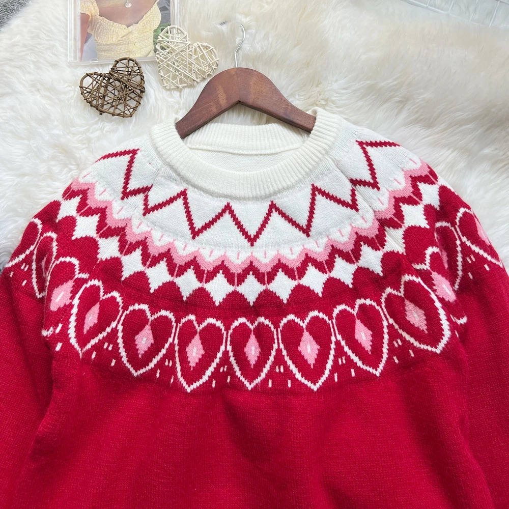YuooMuoo Fashion Christmas Red Pullover Sweaters Women Autumn Winter Romantic Heart Knitted Fair Isle Sweaters Shirts 251106