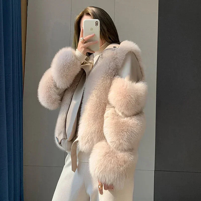 Winter 100 Natural Leather Womens Jacket Real Fox Fur Coats Genuine Sheepskin Leather Coat Long Sleeve Wholeskin Female Parkas 251105