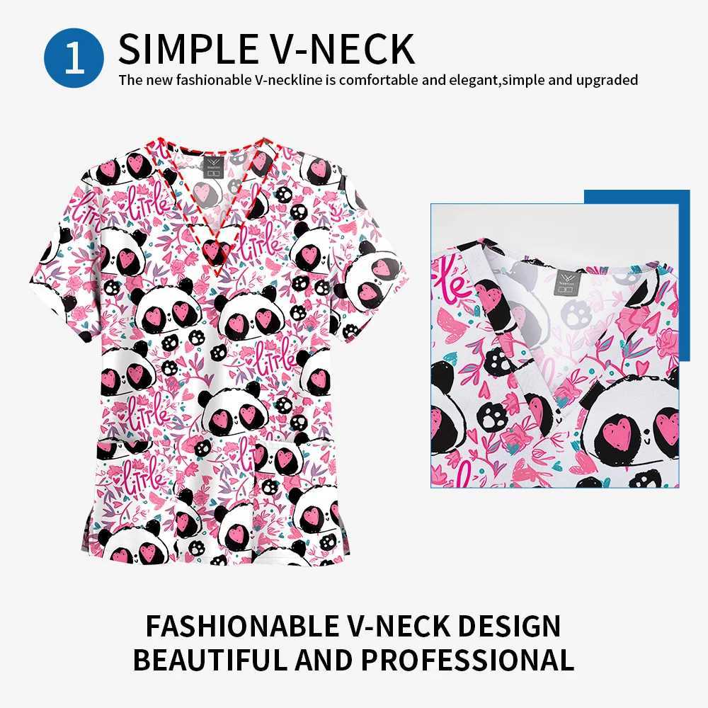 Print Scrubs Top Womens Pocket V-neck Scrub Uniform Pet Beauty Nurse Spa Care Shirt De Enfermer a Para Mujer X250410