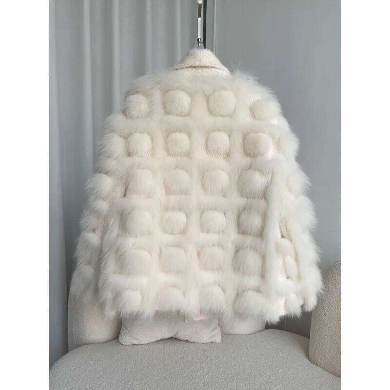 Young Women's Fox Fur Coat Knitted Open Cardigan Winter Fashion Design Long Sleeve Ice Cream Color Urban Style Adult Size