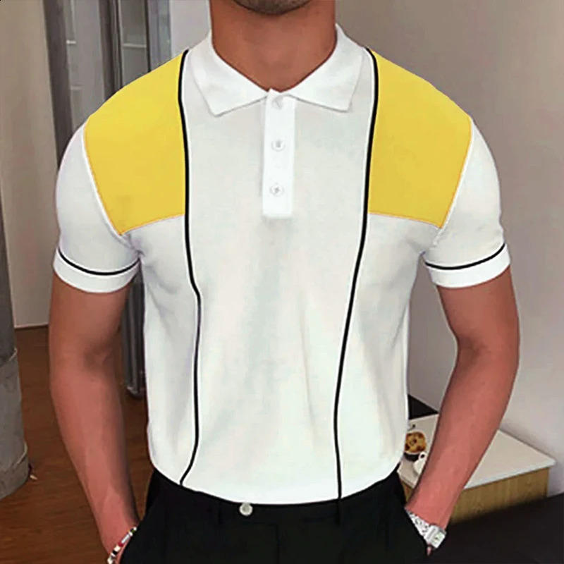 Mens summer business knitted short sleeved polo shirt streetwear with breathable button down stripes fashionable and lightweight retro shirt 250410