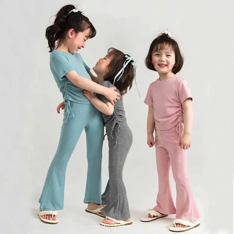 Baby girl summer family clothing short sleeved set childrens fashion thin solid color T-shirt+flash pants 2 pieces 2-6Y trendXJ250410
