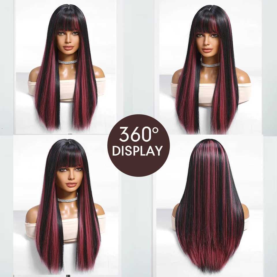 Black Highlight Pink Synthetic Wig with Bangs Long Straight Black Highlight Red Wig For Women Cosplay Party Christmas Wig 26inchT251111