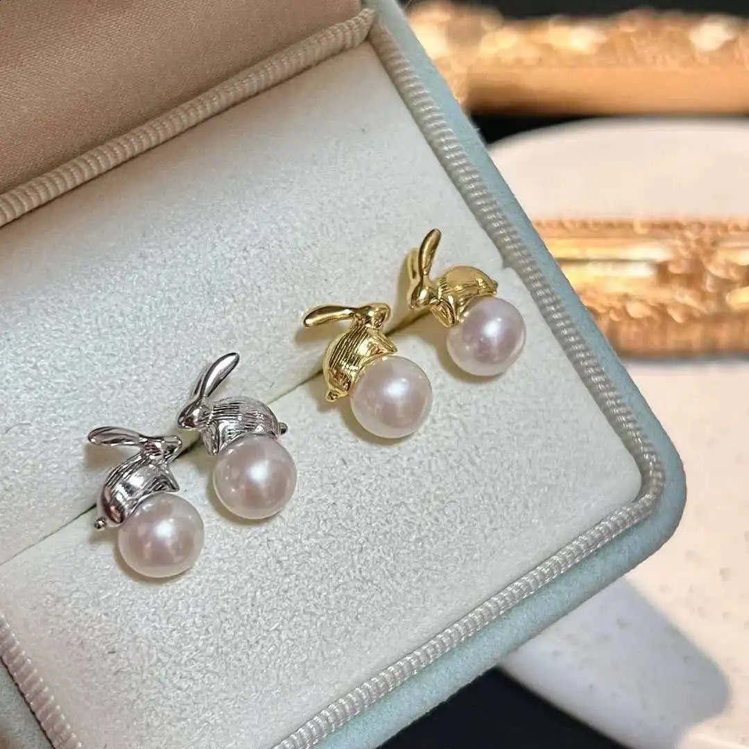 925 sterling silver earrings rabbit earrings 7-8MM natural round freshwater pearl earrings pearl jewelry 250409
