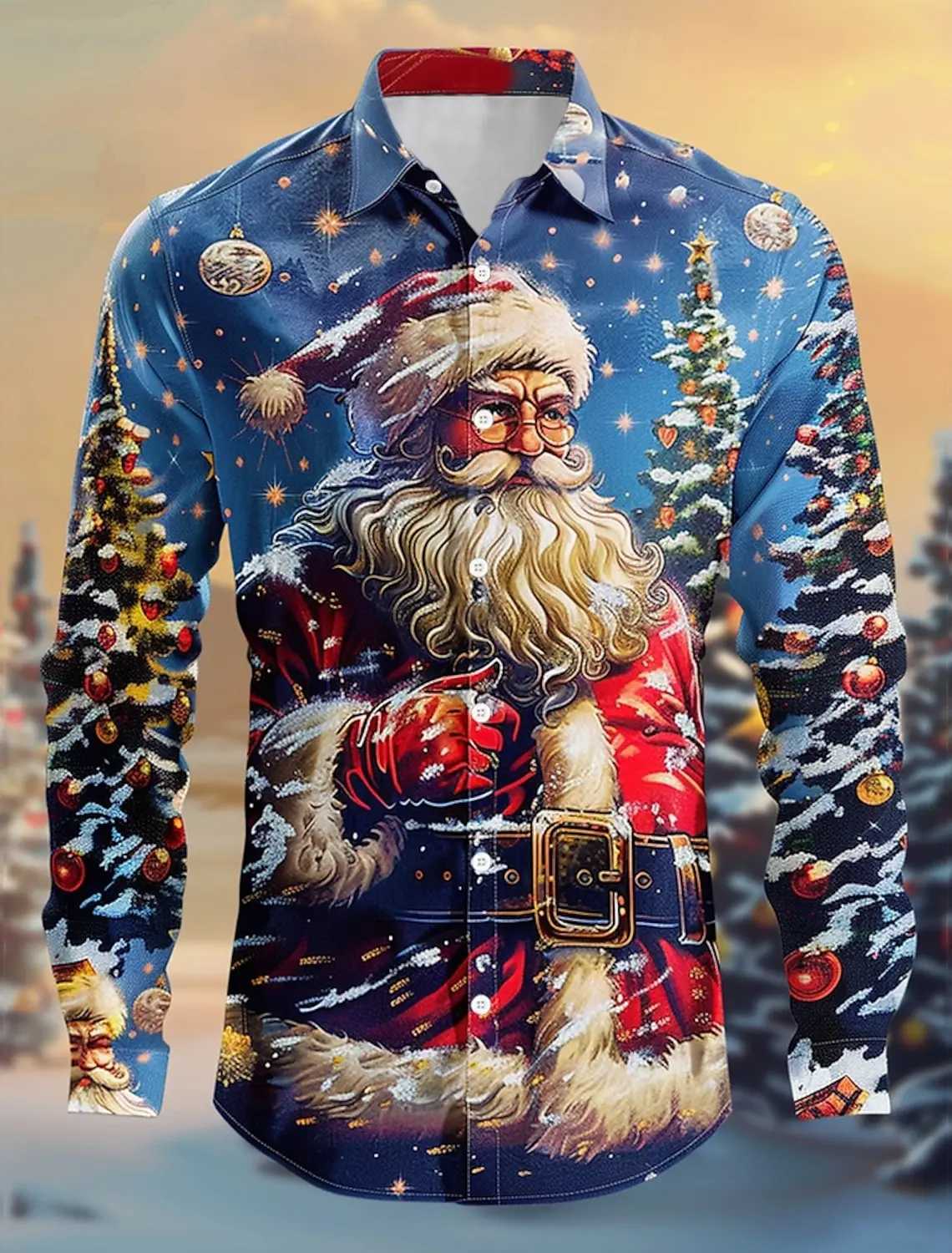 Christmas Theme Fashion Mens Casual Long Sleeve Shirt Breathable Tops Santa Claus Themed Stylish Pattern Full Sleeve Shirts K251110