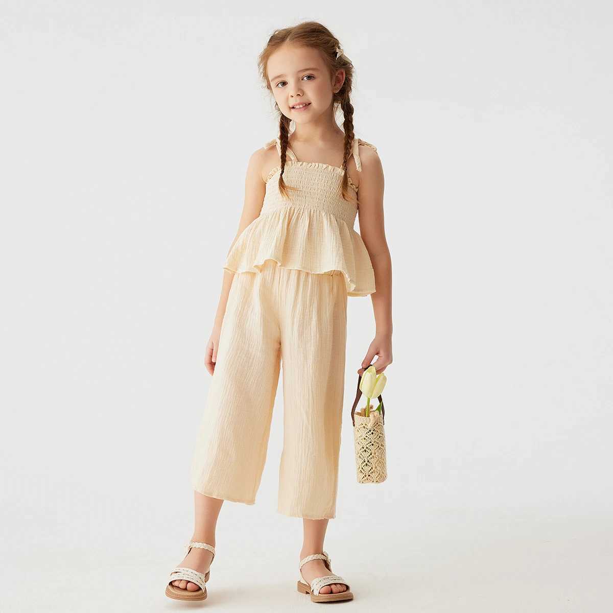 2024 Summer Girls and Childrens Plain Cotton Set Solid Color Pendant+Wide Leg Pants 2PCS Clothing Set Sweet and ComfortableXJ250410