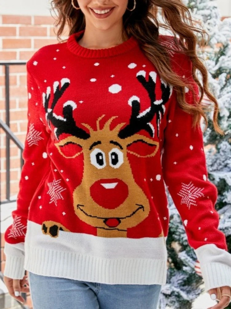 in Female Jacquard Round Neck Casual Pullover Christmas Sweater Autumn Winter Womens Knit Sweater Stylish Elegant Top 251106
