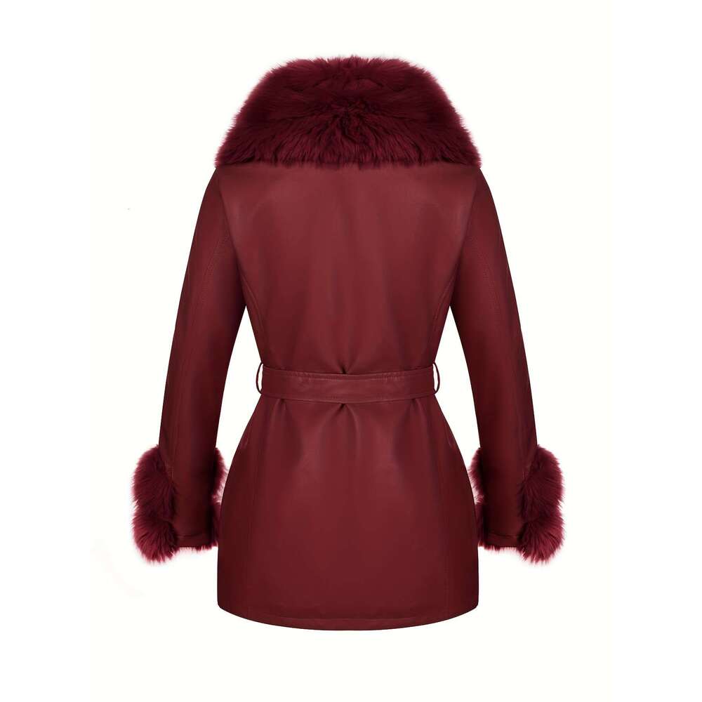 Women's Elegant Winter Jacket With Detachable Fake Fur Collar & Lapel - Belted Coat, Solid Color Long Sleeve Outerwear Fall/Winter, Non-Stretch F